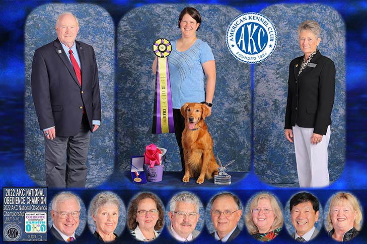2022 National Obedience Champion: OTCH12 High Times Shake 'N Bake UDX8 OGM SH (Golden Retriever), "Baker" and handler Kori Bevis. 2022 AKC National Obedience Championship, held July 9-10, at the Roberts Centre/Royal Canin Ring in Wilmington, OH.