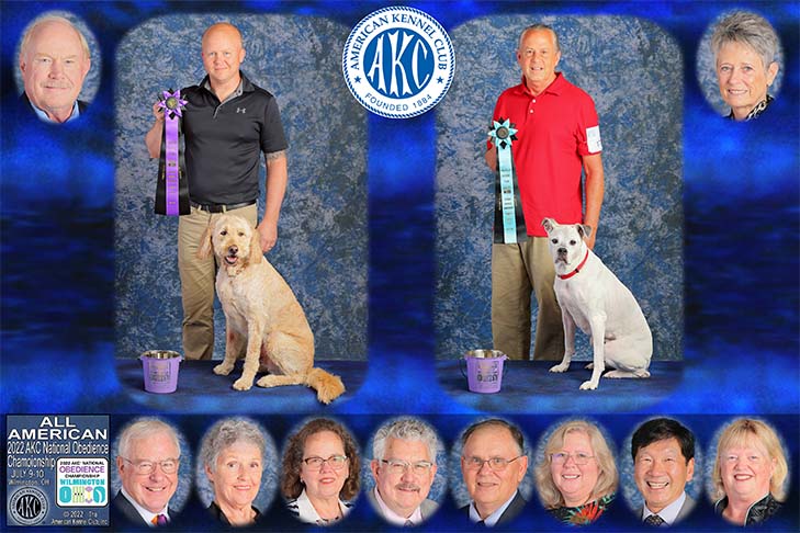 All-American/MISC placements (left to right): First place: Angus The Dog UDX2 OM2 BN GO (All American Dog) and handler Derek Lien. Second place: Jada Mayhem UDX2 PCDX OM3 BN GN RAE3 CGCA TKN (All American Dog) and handler Leroy G. Gouge. 2022 AKC National Obedience Championship, held July 9-10, at the Roberts Centre/Royal Canin Ring in Wilmington, OH.