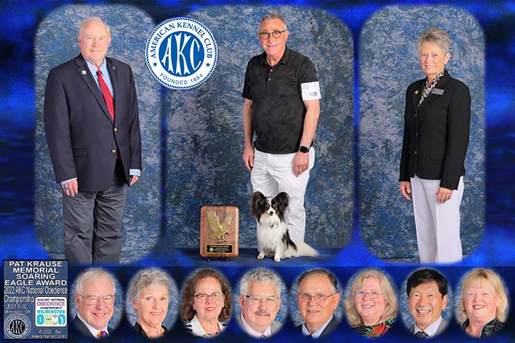 Patricia Krause Perpetual Memorial Trophy recipient: OTCH6 Denzel Insignia Take Me Seriously UDX10 OGM BN (Papillon) and handler Eugene Morris. 2022 AKC National Obedience Championship, held July 9-10, at the Roberts Centre/Royal Canin Ring in Wilmington, OH.